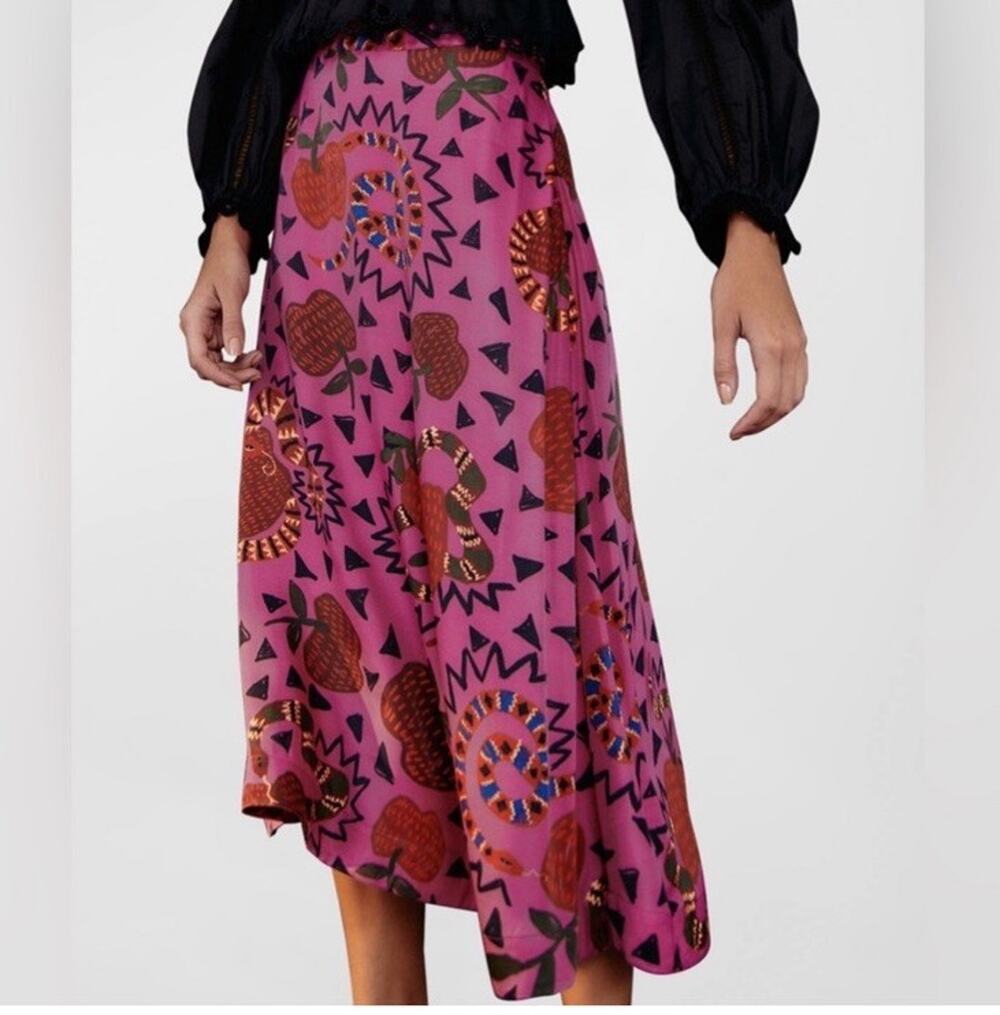 Farm Rio Snake Apple Print Midi Skirt Pink Boho Eclectic Maximalist Tropical Med